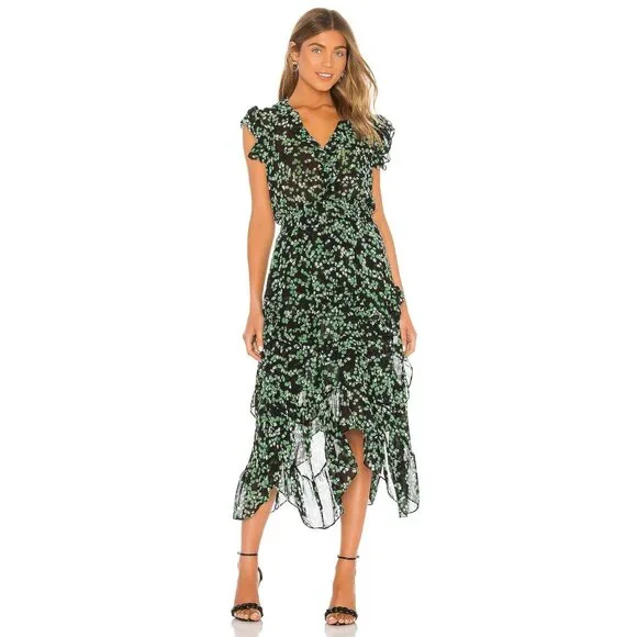 MISA Los Angeles Dakota Green Mini Blooms Midi Dress Women's X-Small XS